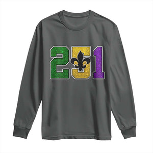 Funny Mardi Gras Mobile Alabama Long Sleeve Shirt 251 Area Code Glitter Print Fleur De Lis TS11 Dark Heather Print Your Wear