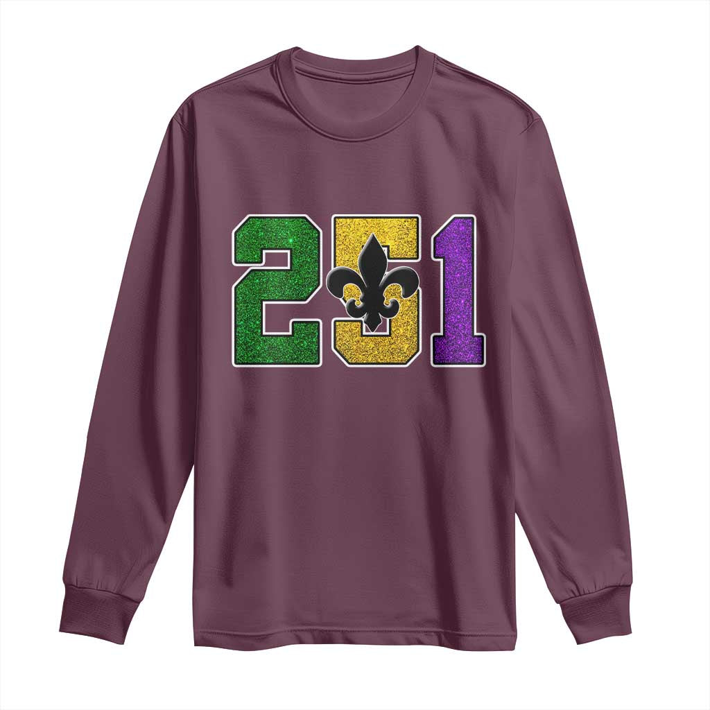 Funny Mardi Gras Mobile Alabama Long Sleeve Shirt 251 Area Code Glitter Print Fleur De Lis TS11 Maroon Print Your Wear