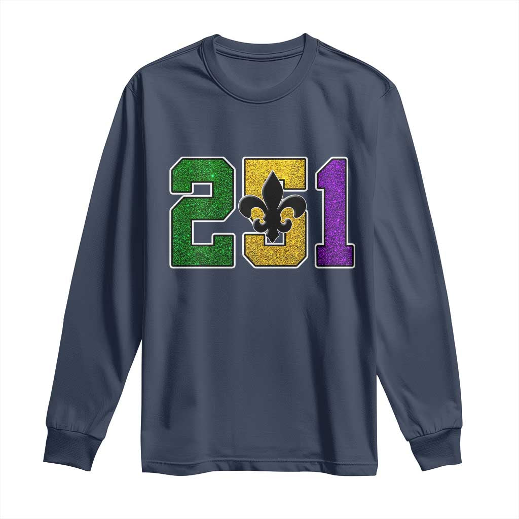 Funny Mardi Gras Mobile Alabama Long Sleeve Shirt 251 Area Code Glitter Print Fleur De Lis TS11 Navy Print Your Wear