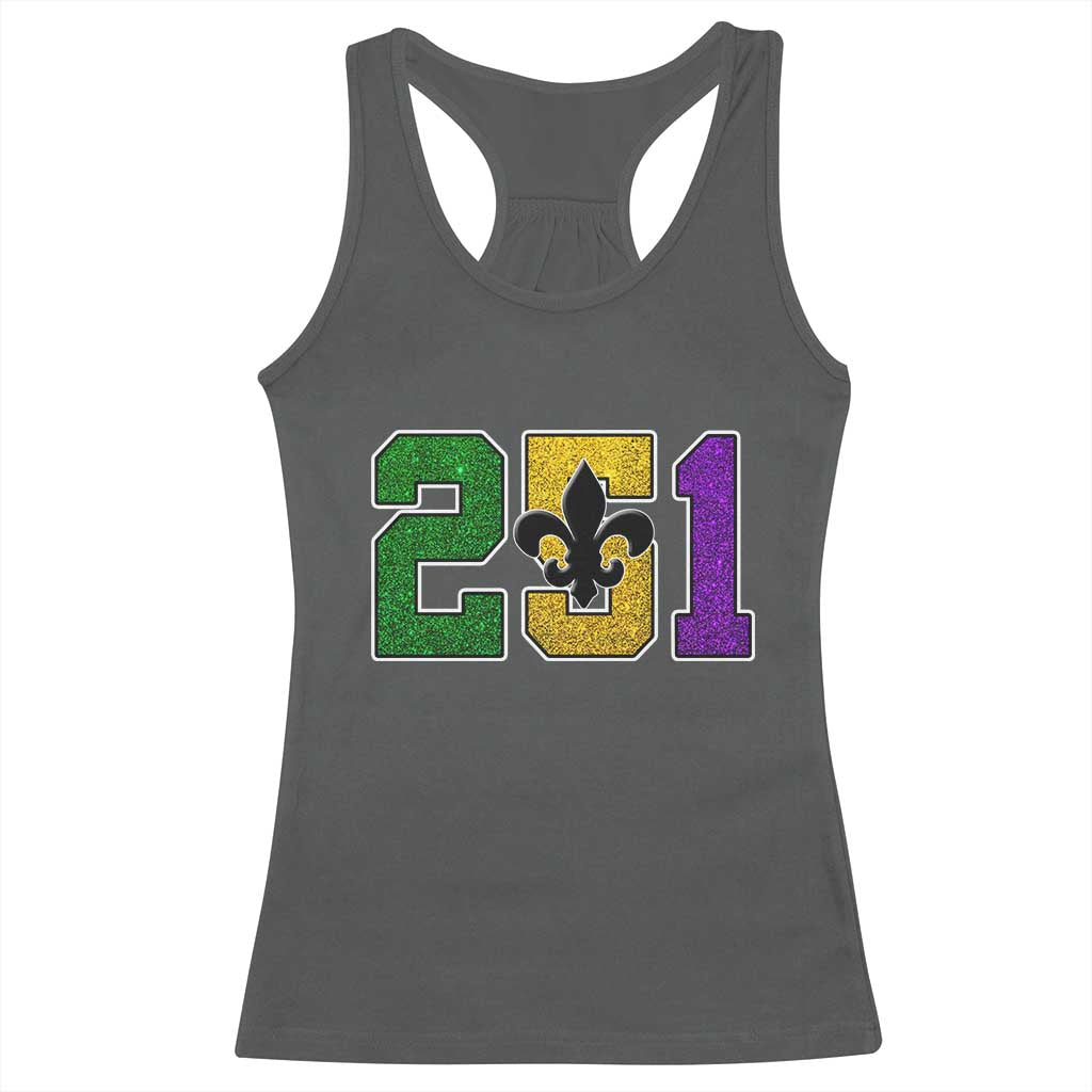 Funny Mardi Gras Mobile Alabama Racerback Tank Top 251 Area Code Glitter Print Fleur De Lis TS11 Dark Heather Print Your Wear