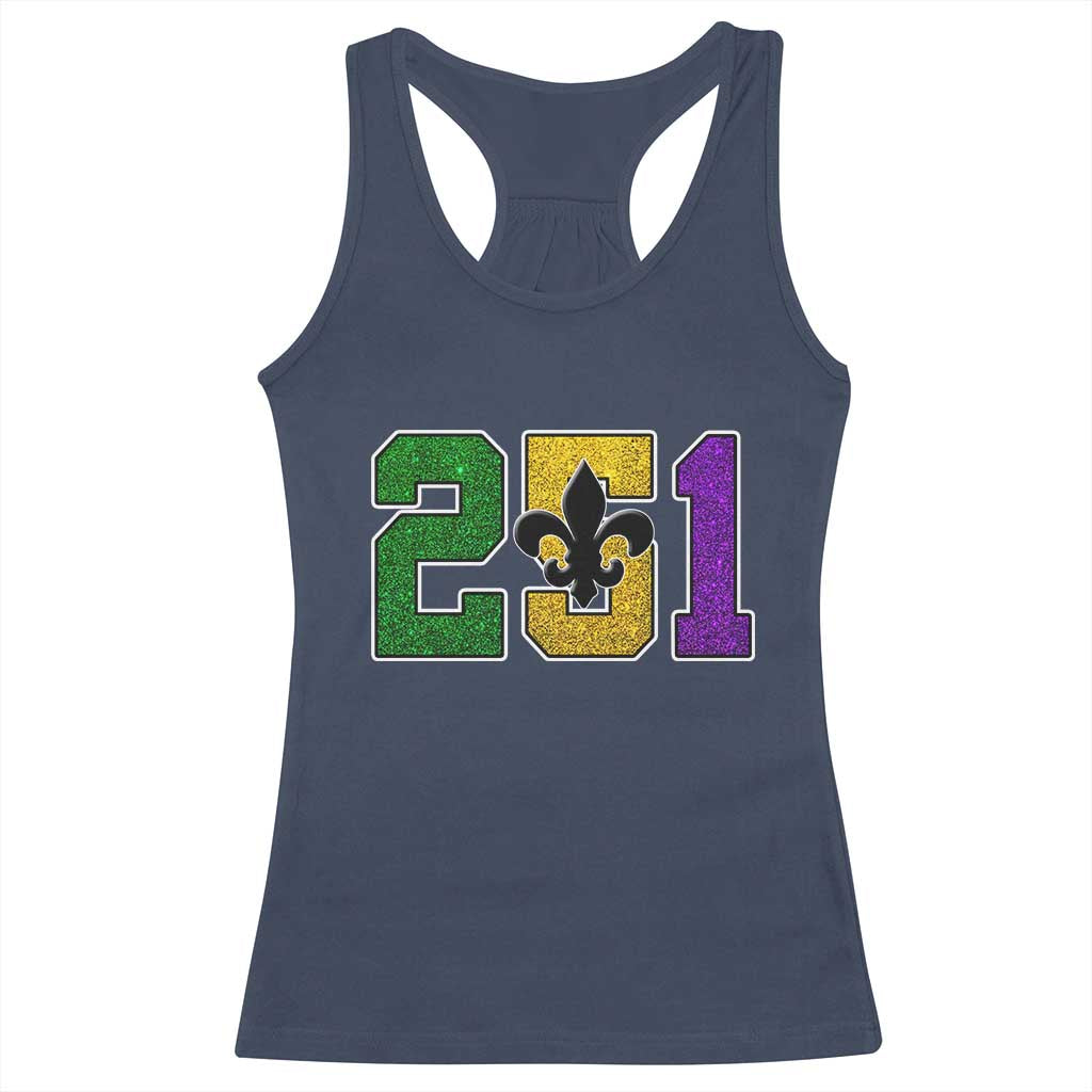 Funny Mardi Gras Mobile Alabama Racerback Tank Top 251 Area Code Glitter Print Fleur De Lis TS11 Navy Print Your Wear