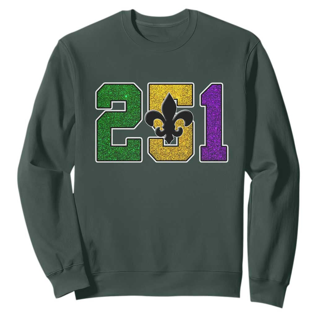 Funny Mardi Gras Mobile Alabama Sweatshirt 251 Area Code Glitter Print Fleur De Lis TS11 Dark Forest Green Print Your Wear