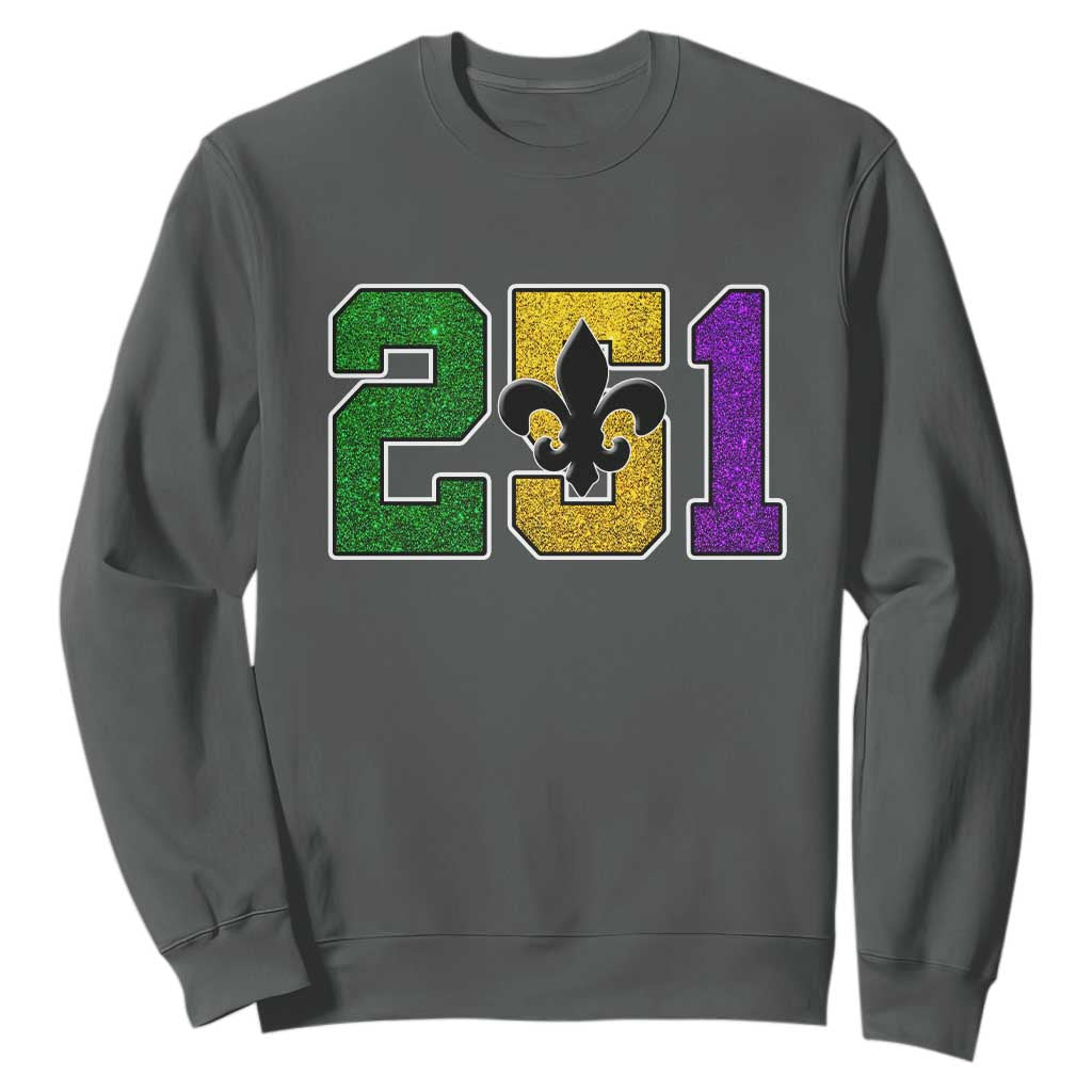 Funny Mardi Gras Mobile Alabama Sweatshirt 251 Area Code Glitter Print Fleur De Lis TS11 Dark Heather Print Your Wear