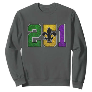 Funny Mardi Gras Mobile Alabama Sweatshirt 251 Area Code Glitter Print Fleur De Lis TS11 Dark Heather Print Your Wear
