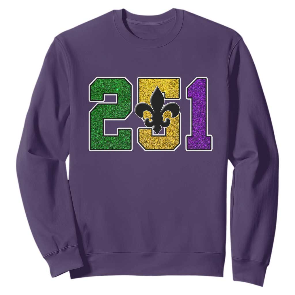 Funny Mardi Gras Mobile Alabama Sweatshirt 251 Area Code Glitter Print Fleur De Lis TS11 Purple Print Your Wear