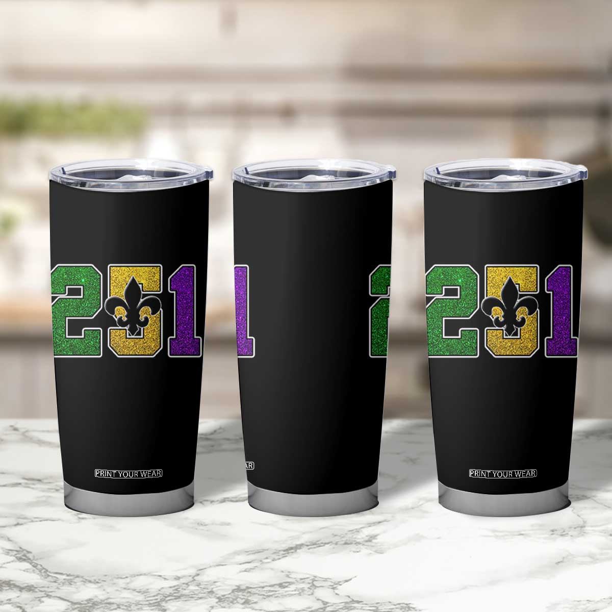 Funny Mardi Gras Mobile Alabama Tumbler Cup 251 Area Code Glitter Print Fleur De Lis TS11 Print Your Wear