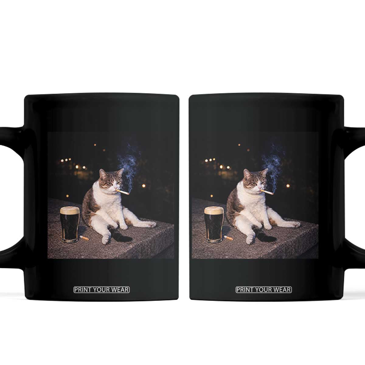Funny Cigarette And Drinking Irish Stout Beer Cat Meme Coffee Mug TS11 Black Print Your Wear