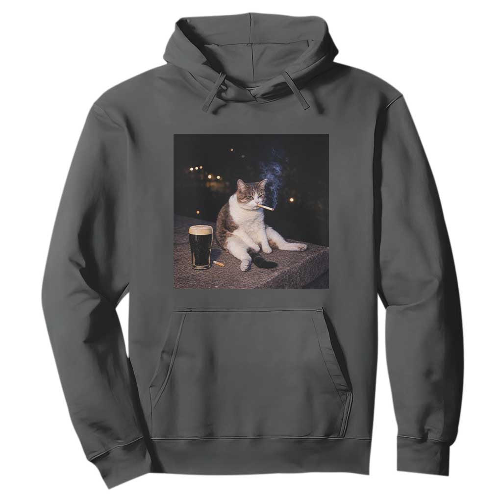 Funny Cigarette And Drinking Irish Stout Beer Cat Meme Hoodie TS11 Dark Heather Print Your Wear