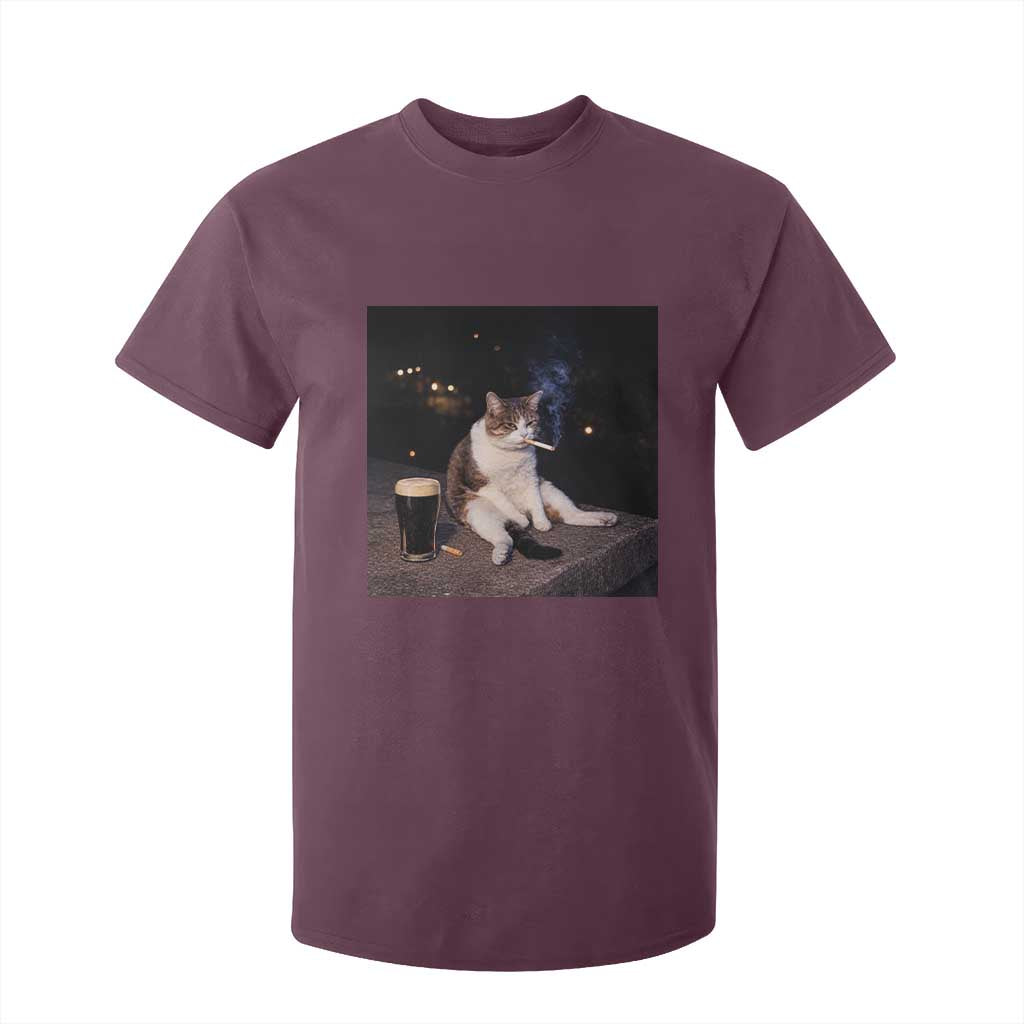 Funny Cigarette And Drinking Irish Stout Beer Cat Meme T Shirt For Kid TS11 Maroon Print Your Wear