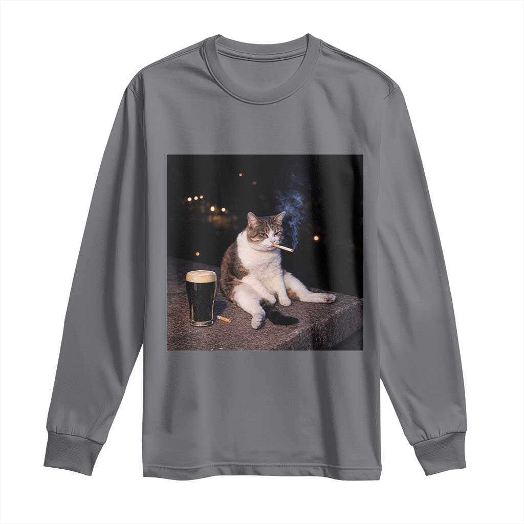 Funny Cigarette And Drinking Irish Stout Beer Cat Meme Long Sleeve Shirt TS11 Charcoal Print Your Wear
