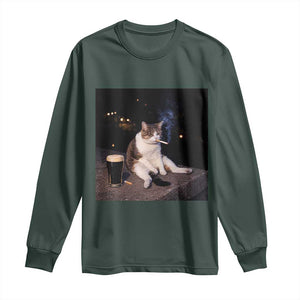 Funny Cigarette And Drinking Irish Stout Beer Cat Meme Long Sleeve Shirt TS11 Dark Forest Green Print Your Wear