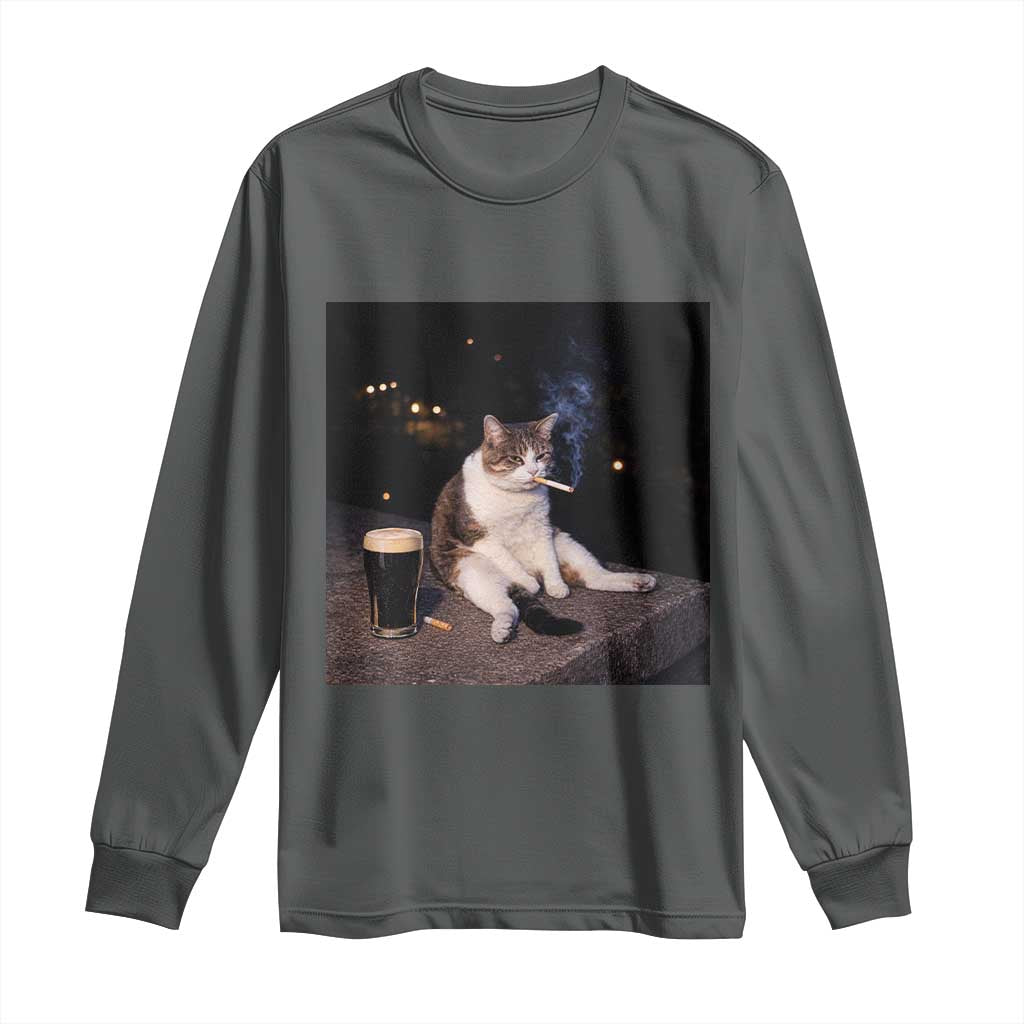 Funny Cigarette And Drinking Irish Stout Beer Cat Meme Long Sleeve Shirt TS11 Dark Heather Print Your Wear