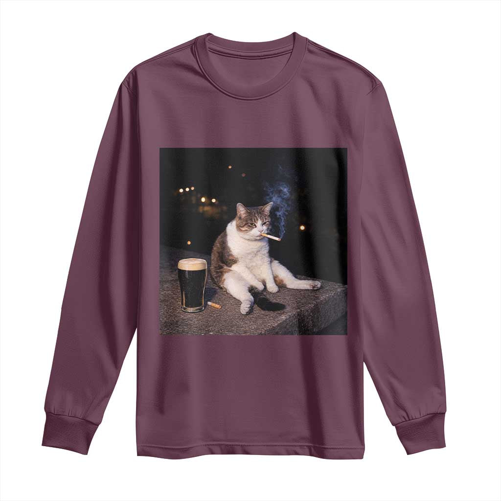 Funny Cigarette And Drinking Irish Stout Beer Cat Meme Long Sleeve Shirt TS11 Maroon Print Your Wear