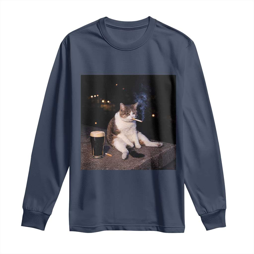 Funny Cigarette And Drinking Irish Stout Beer Cat Meme Long Sleeve Shirt TS11 Navy Print Your Wear