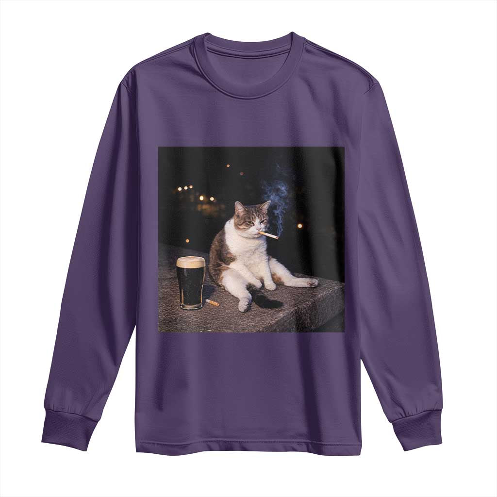 Funny Cigarette And Drinking Irish Stout Beer Cat Meme Long Sleeve Shirt TS11 Purple Print Your Wear