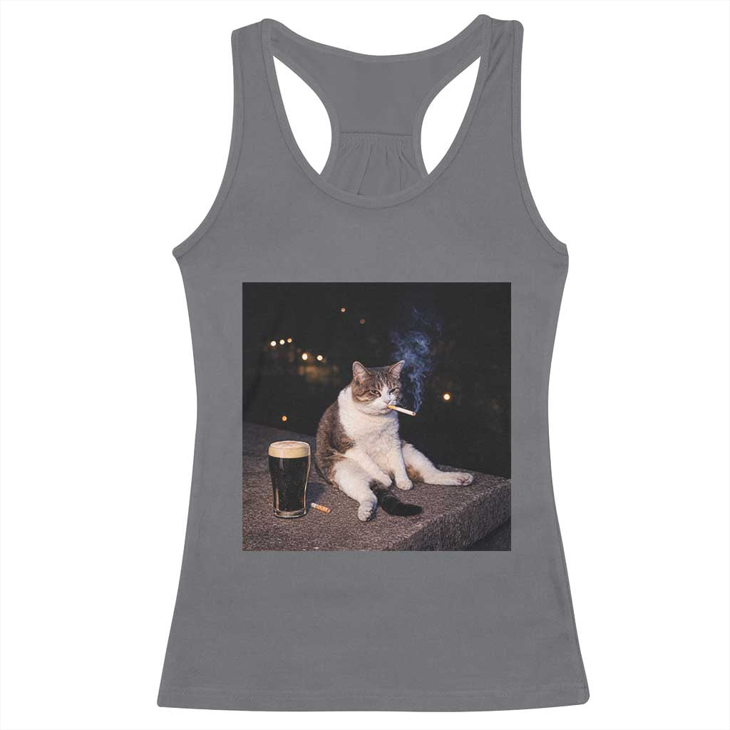 Funny Cigarette And Drinking Irish Stout Beer Cat Meme Racerback Tank Top TS11 Charcoal Print Your Wear