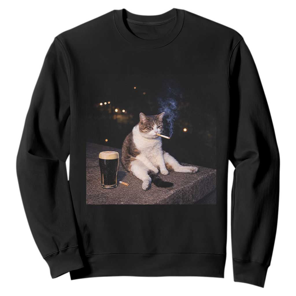Funny Cigarette And Drinking Irish Stout Beer Cat Meme Sweatshirt TS11 Black Print Your Wear