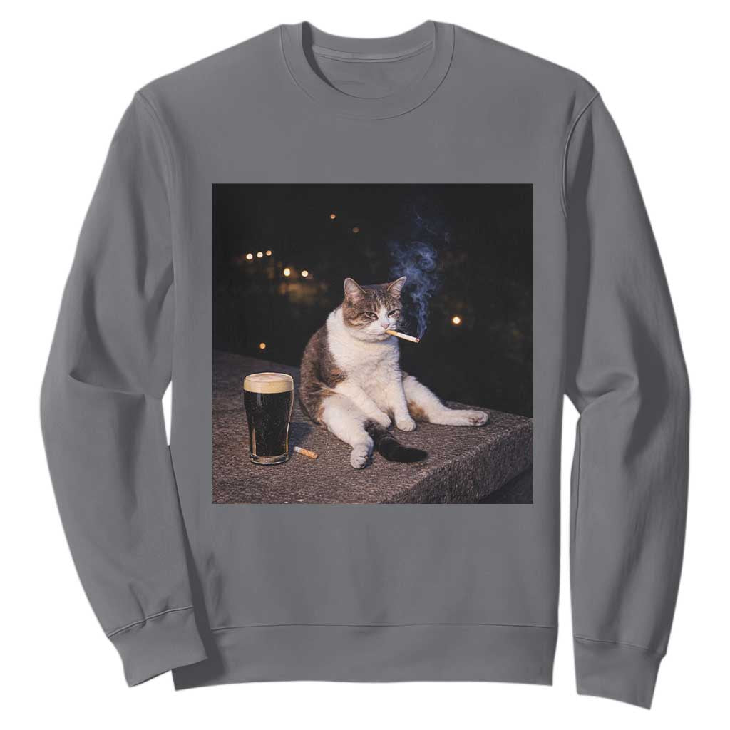 Funny Cigarette And Drinking Irish Stout Beer Cat Meme Sweatshirt TS11 Charcoal Print Your Wear