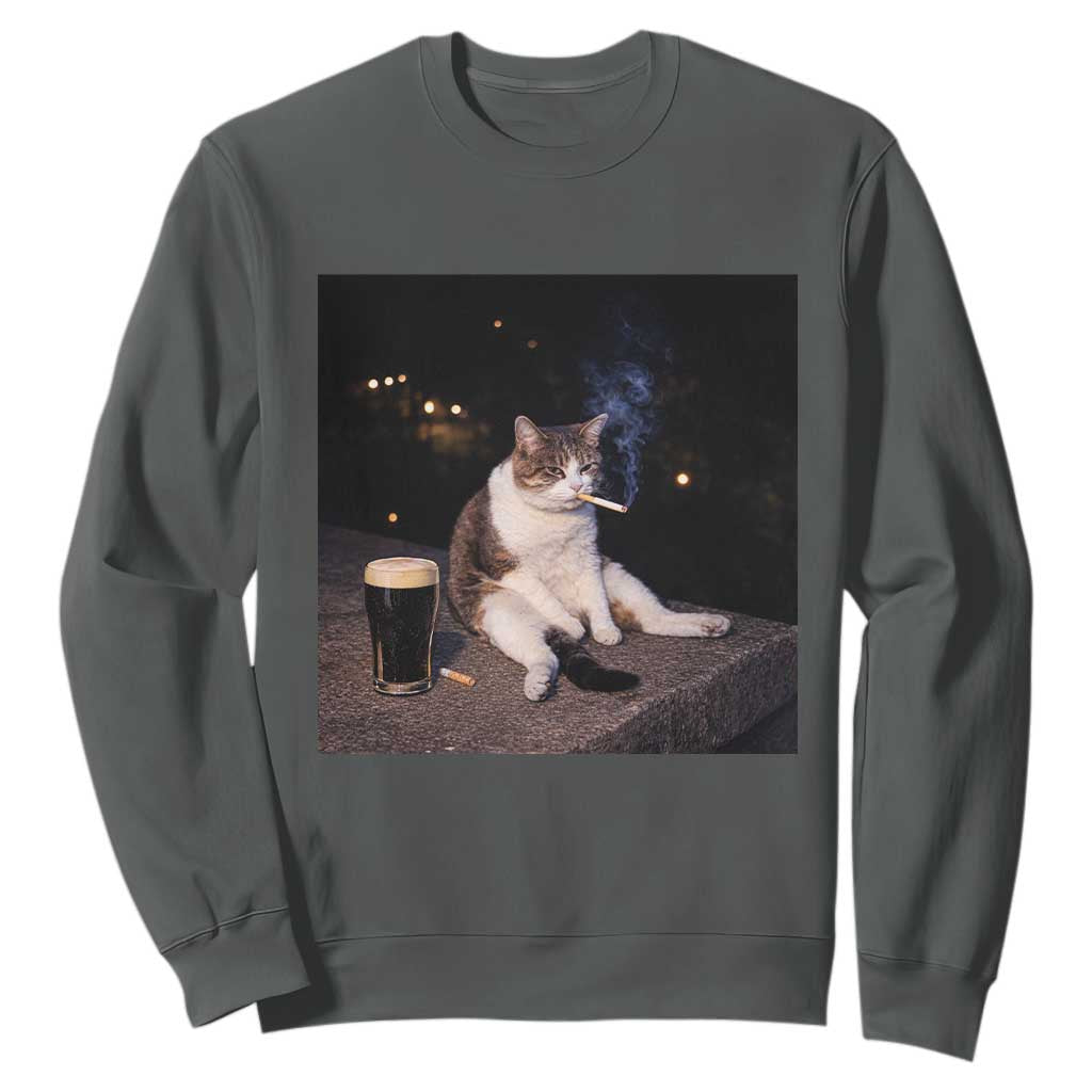 Funny Cigarette And Drinking Irish Stout Beer Cat Meme Sweatshirt TS11 Dark Heather Print Your Wear