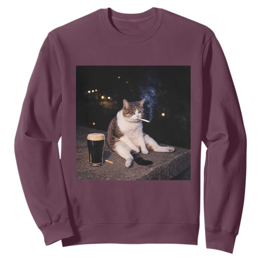 Funny Cigarette And Drinking Irish Stout Beer Cat Meme Sweatshirt TS11 Maroon Print Your Wear