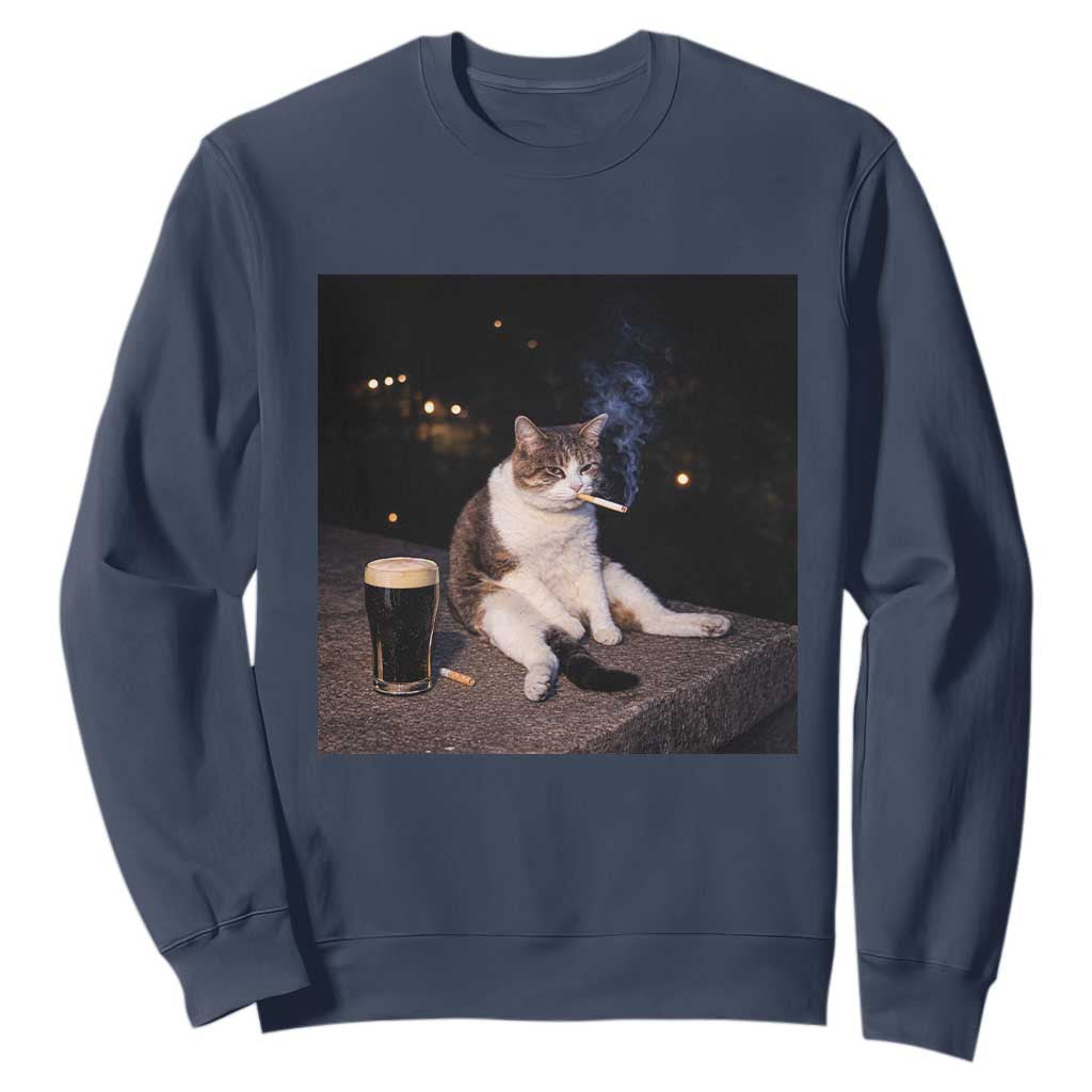 Funny Cigarette And Drinking Irish Stout Beer Cat Meme Sweatshirt TS11 Navy Print Your Wear