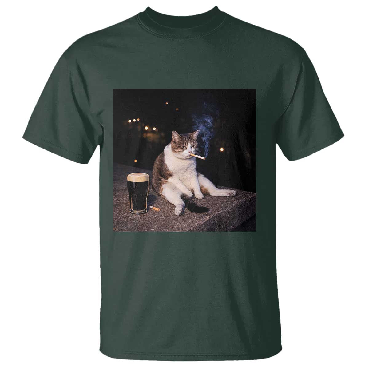 Funny Cigarette And Drinking Irish Stout Beer Cat Meme T Shirt TS11 Dark Forest Green Print Your Wear