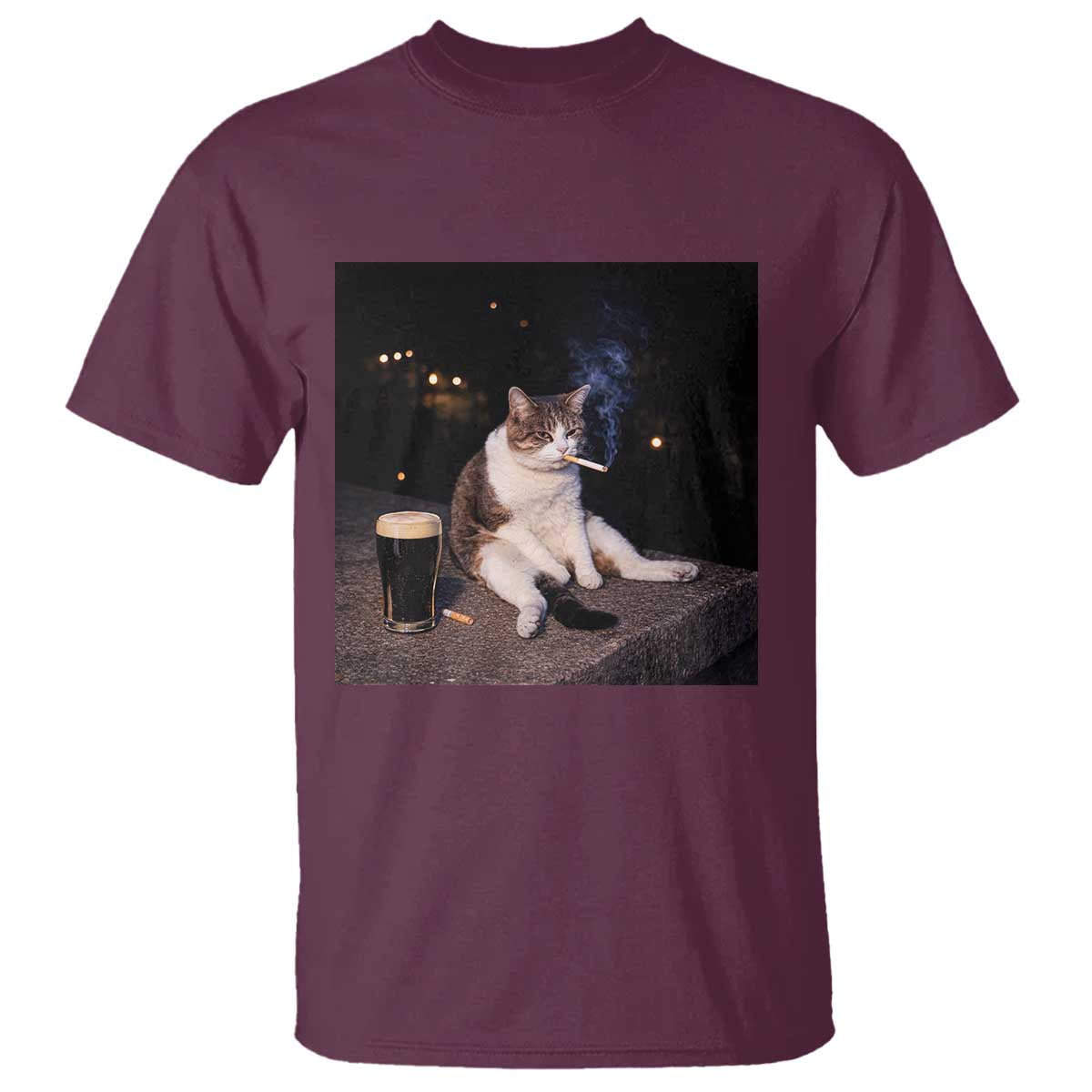 Funny Cigarette And Drinking Irish Stout Beer Cat Meme T Shirt TS11 Maroon Print Your Wear