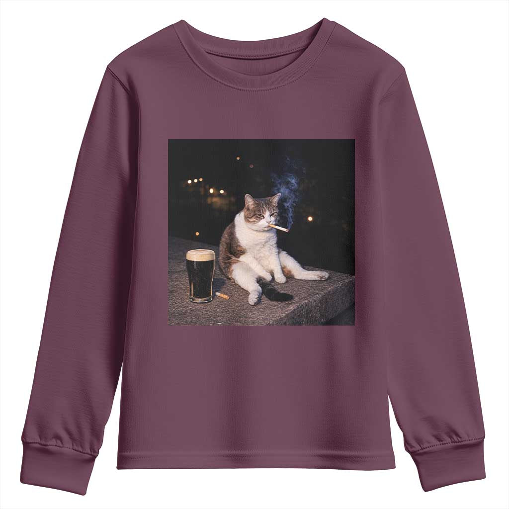 Funny Cigarette And Drinking Irish Stout Beer Cat Meme Youth Sweatshirt TS11 Maroon Print Your Wear