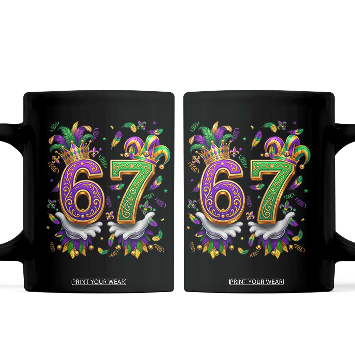 Funny 67 Mardi Gras Coffee Mug Six Seven Meme Carnival Hand Gesture TS11 Black Print Your Wear