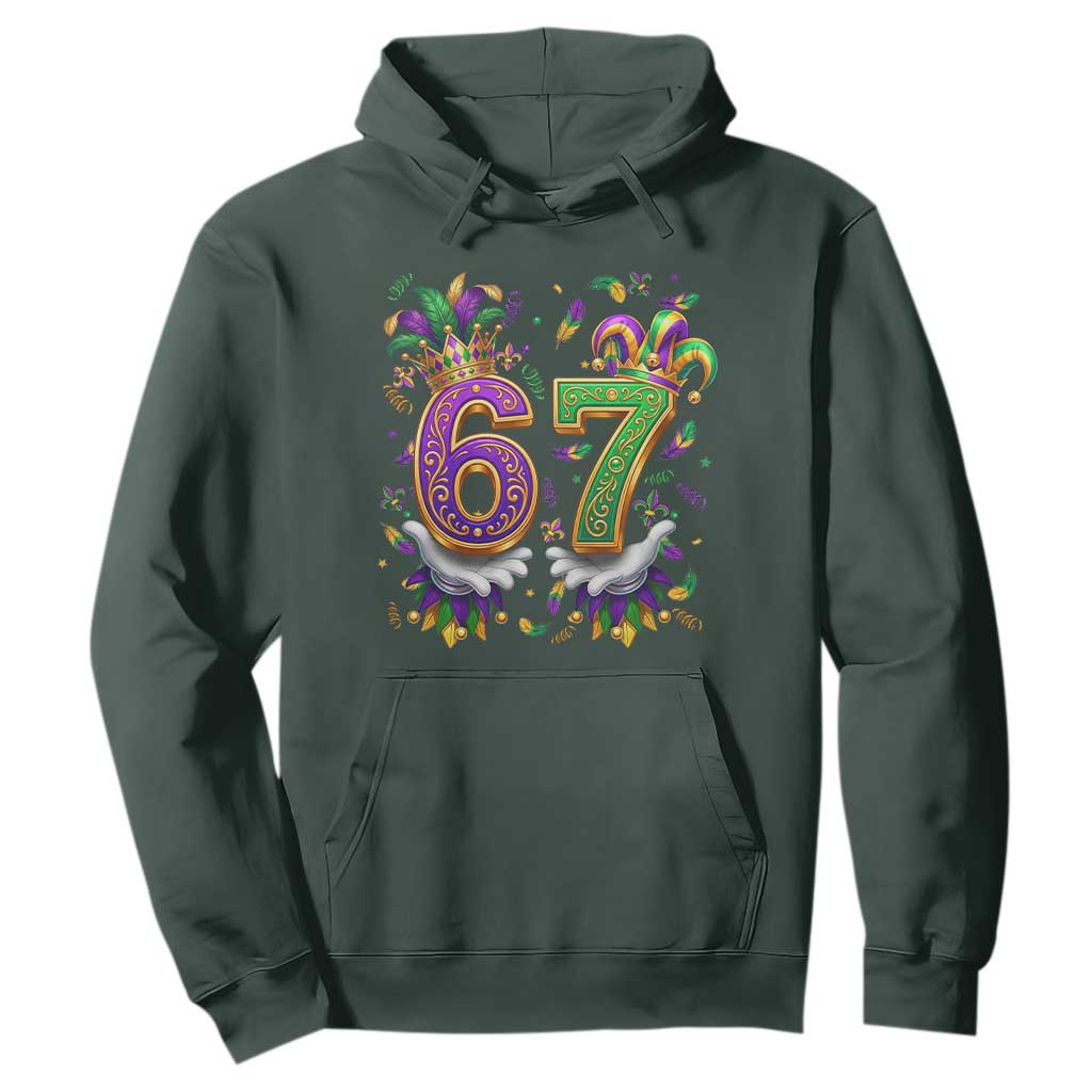 Funny 67 Mardi Gras Hoodie Six Seven Meme Carnival Hand Gesture TS11 Dark Forest Green Print Your Wear