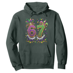 Funny 67 Mardi Gras Hoodie Six Seven Meme Carnival Hand Gesture TS11 Dark Forest Green Print Your Wear