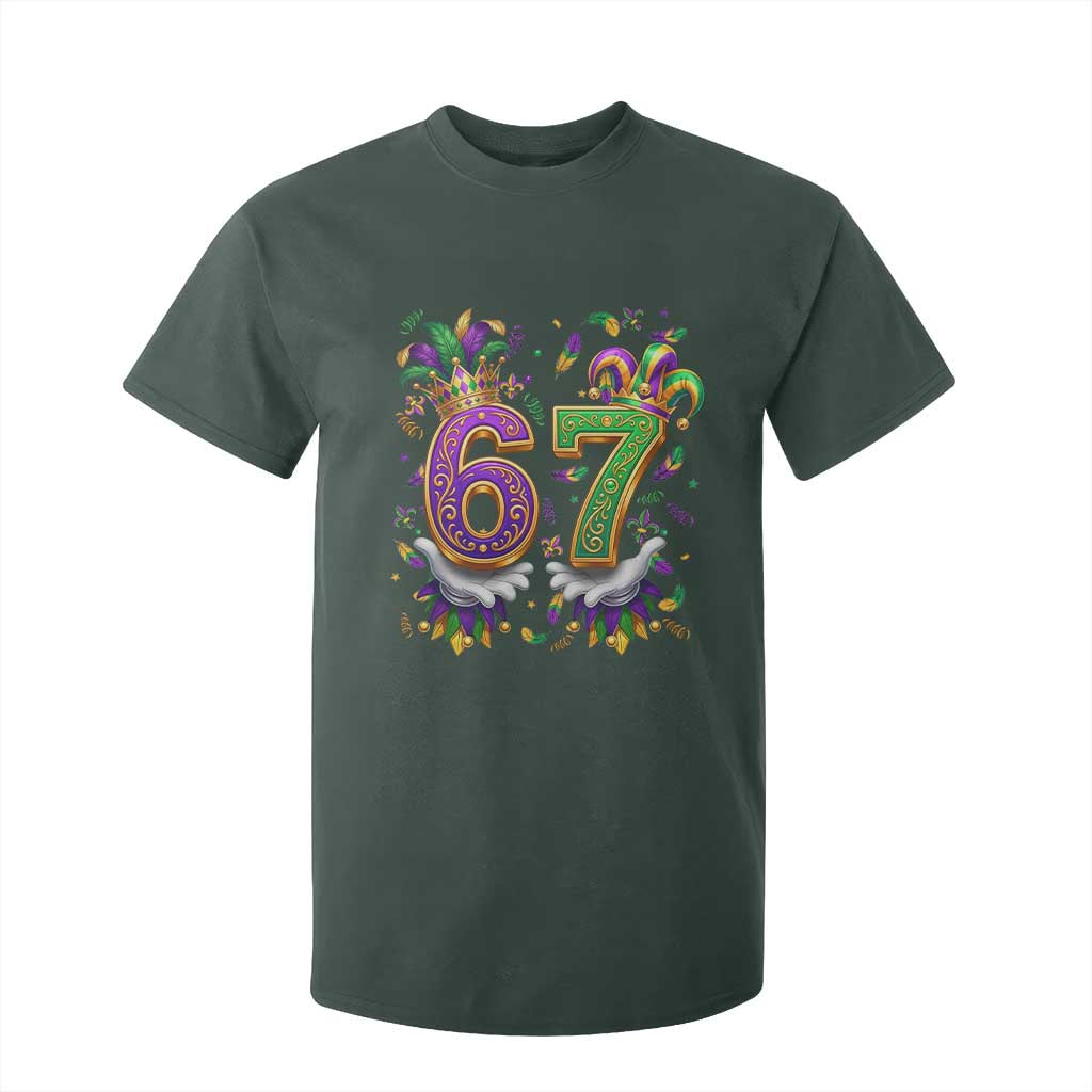 Funny 67 Mardi Gras T Shirt For Kid Six Seven Meme Carnival Hand Gesture TS11 Dark Forest Green Print Your Wear