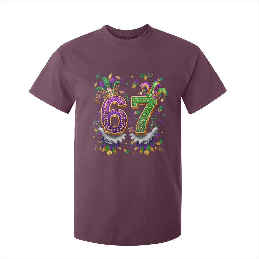 Funny 67 Mardi Gras T Shirt For Kid Six Seven Meme Carnival Hand Gesture TS11 Maroon Print Your Wear