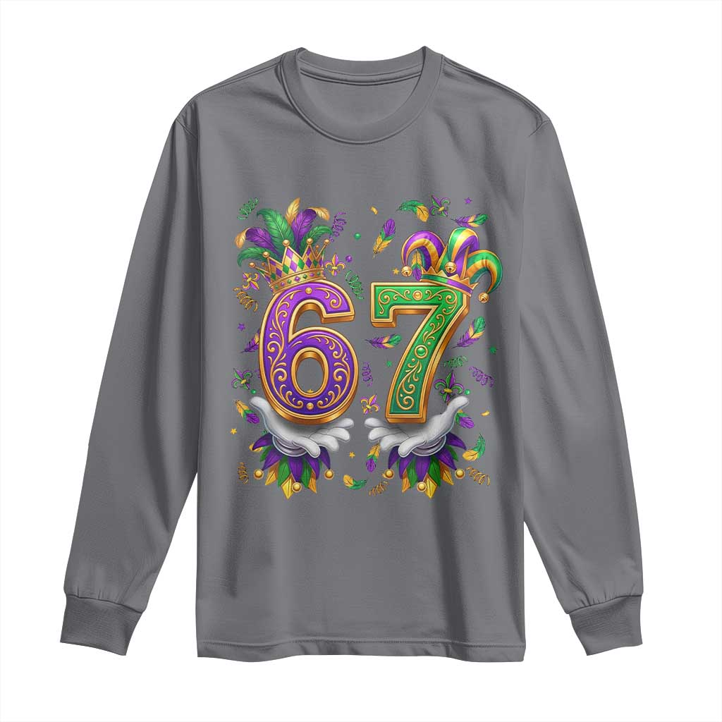 Funny 67 Mardi Gras Long Sleeve Shirt Six Seven Meme Carnival Hand Gesture TS11 Charcoal Print Your Wear