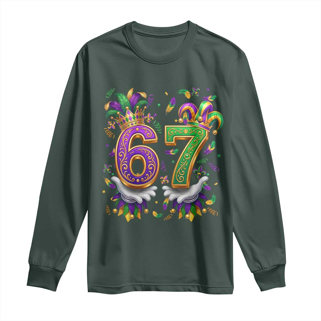 Funny 67 Mardi Gras Long Sleeve Shirt Six Seven Meme Carnival Hand Gesture TS11 Dark Forest Green Print Your Wear