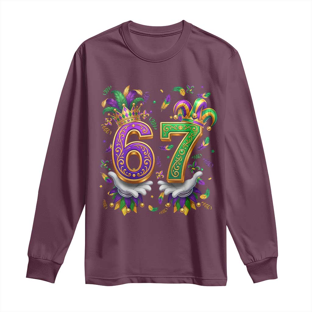 Funny 67 Mardi Gras Long Sleeve Shirt Six Seven Meme Carnival Hand Gesture TS11 Maroon Print Your Wear