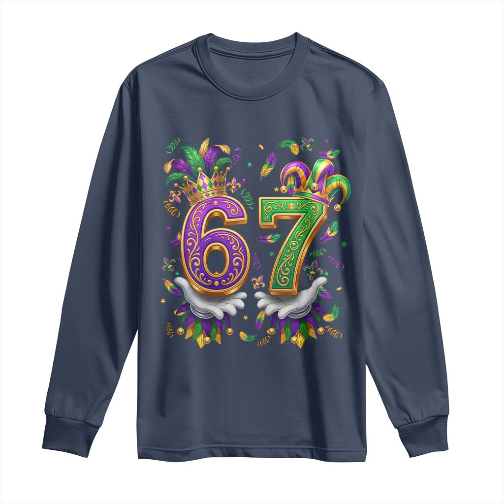 Funny 67 Mardi Gras Long Sleeve Shirt Six Seven Meme Carnival Hand Gesture TS11 Navy Print Your Wear