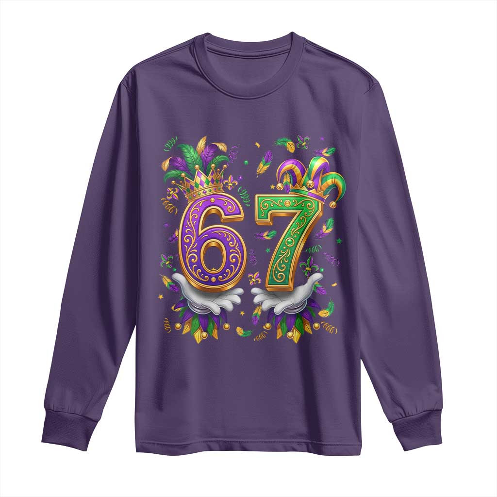 Funny 67 Mardi Gras Long Sleeve Shirt Six Seven Meme Carnival Hand Gesture TS11 Purple Print Your Wear