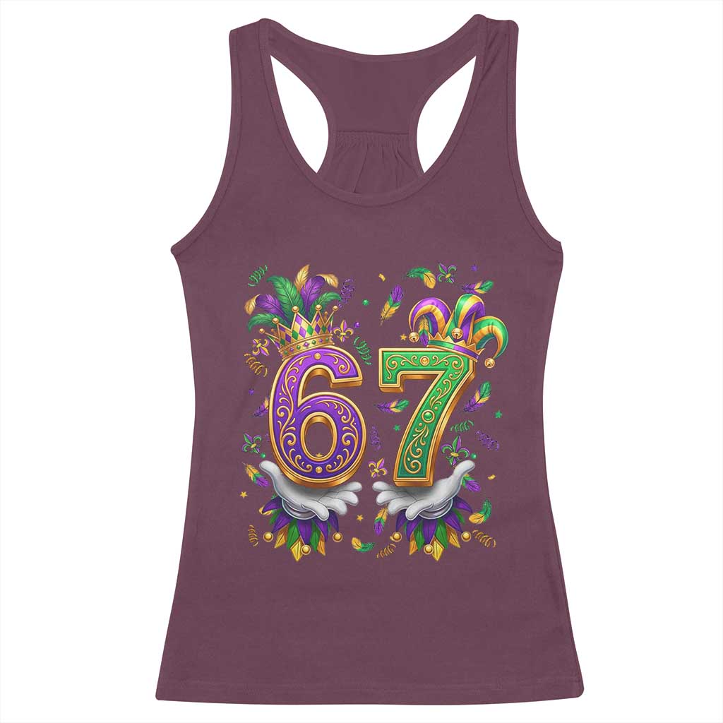 Funny 67 Mardi Gras Racerback Tank Top Six Seven Meme Carnival Hand Gesture TS11 Maroon Print Your Wear