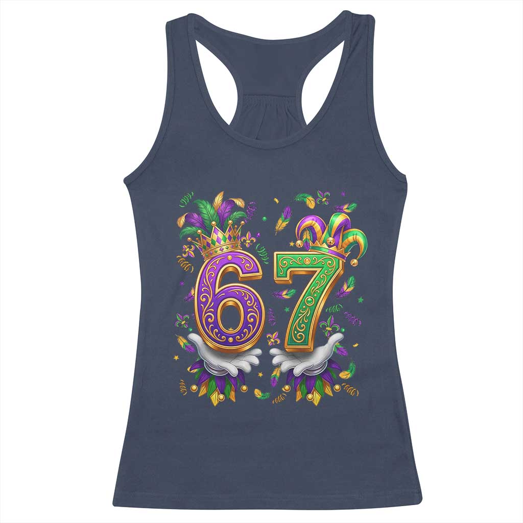 Funny 67 Mardi Gras Racerback Tank Top Six Seven Meme Carnival Hand Gesture TS11 Navy Print Your Wear