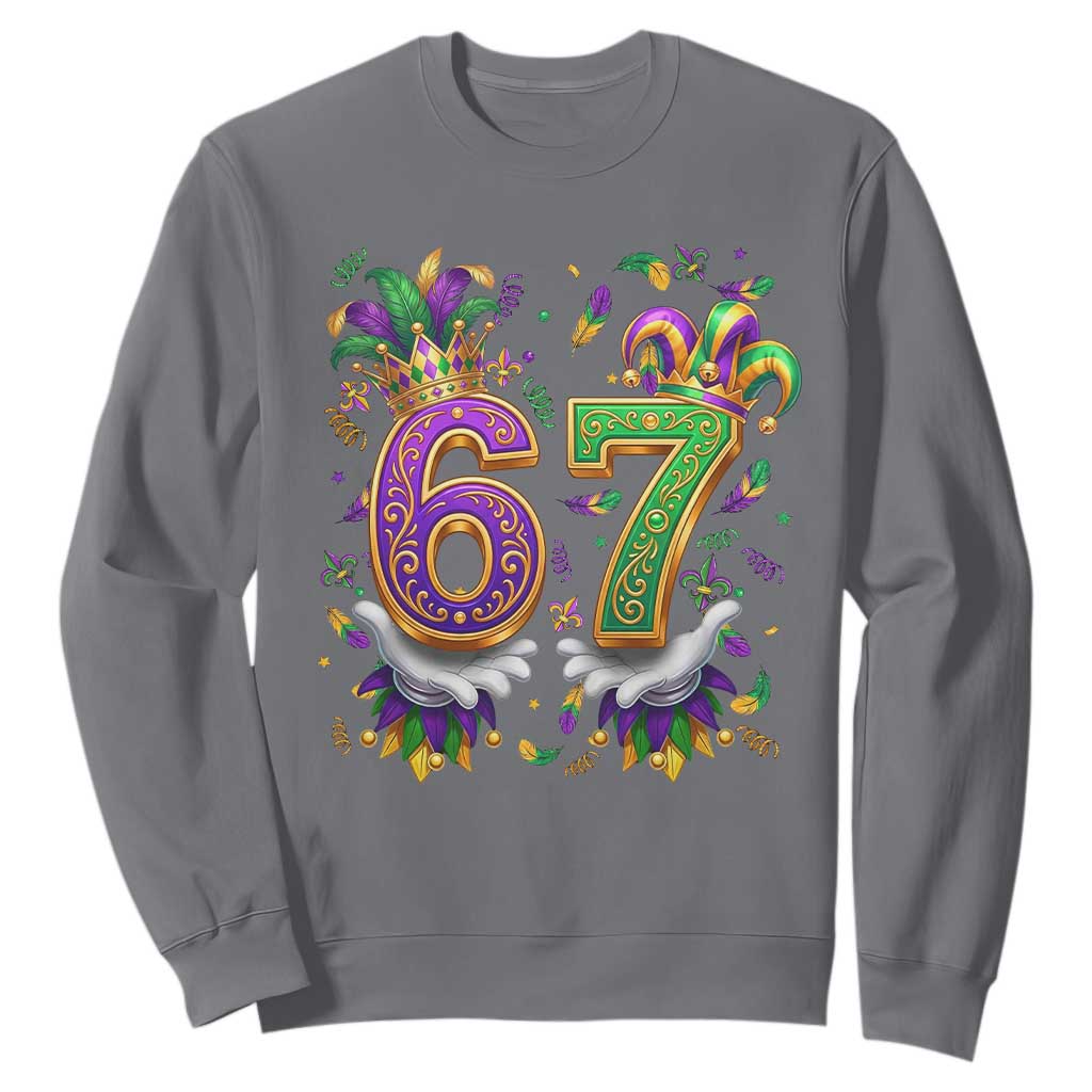 Funny 67 Mardi Gras Sweatshirt Six Seven Meme Carnival Hand Gesture TS11 Charcoal Print Your Wear