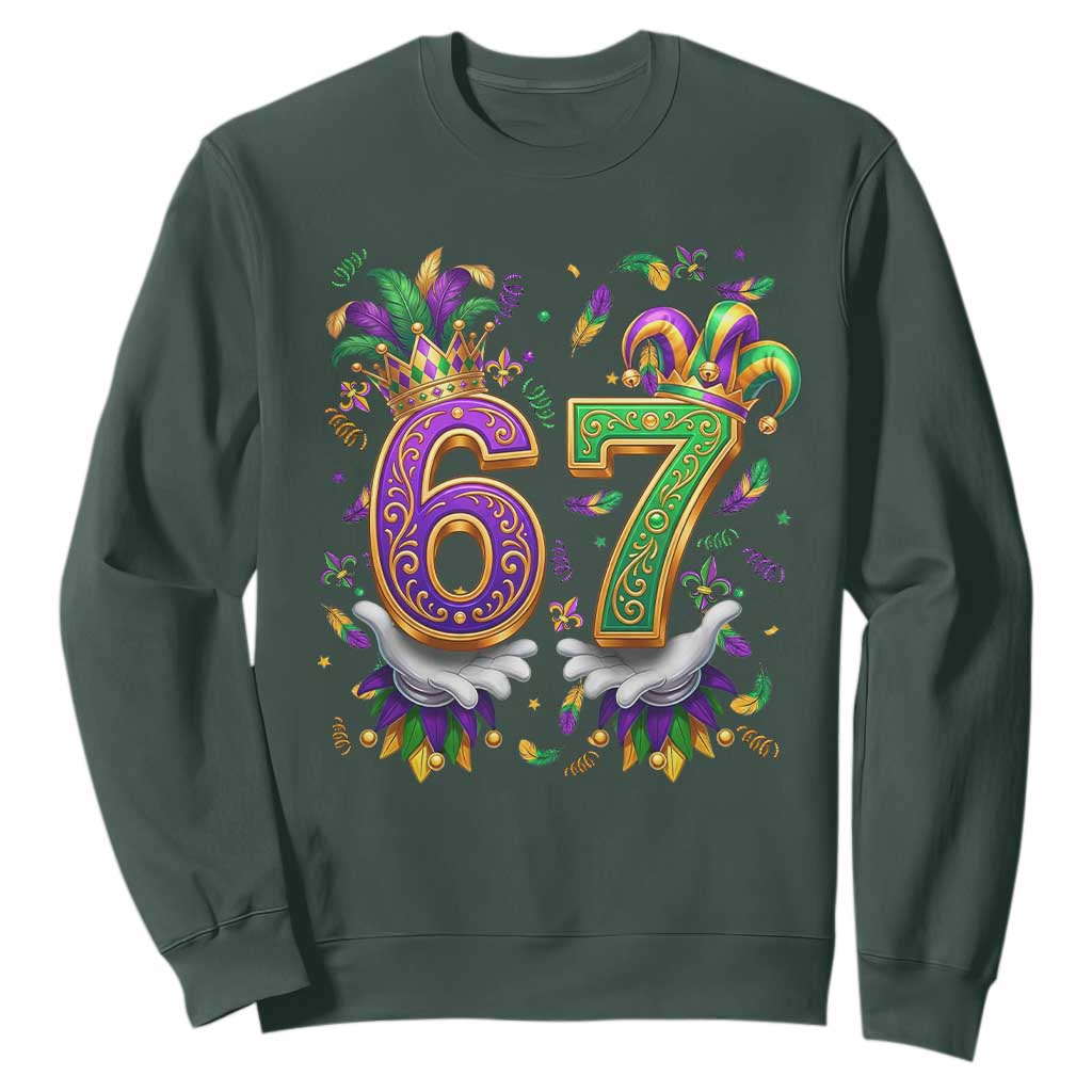Funny 67 Mardi Gras Sweatshirt Six Seven Meme Carnival Hand Gesture TS11 Dark Forest Green Print Your Wear