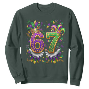 Funny 67 Mardi Gras Sweatshirt Six Seven Meme Carnival Hand Gesture TS11 Dark Forest Green Print Your Wear