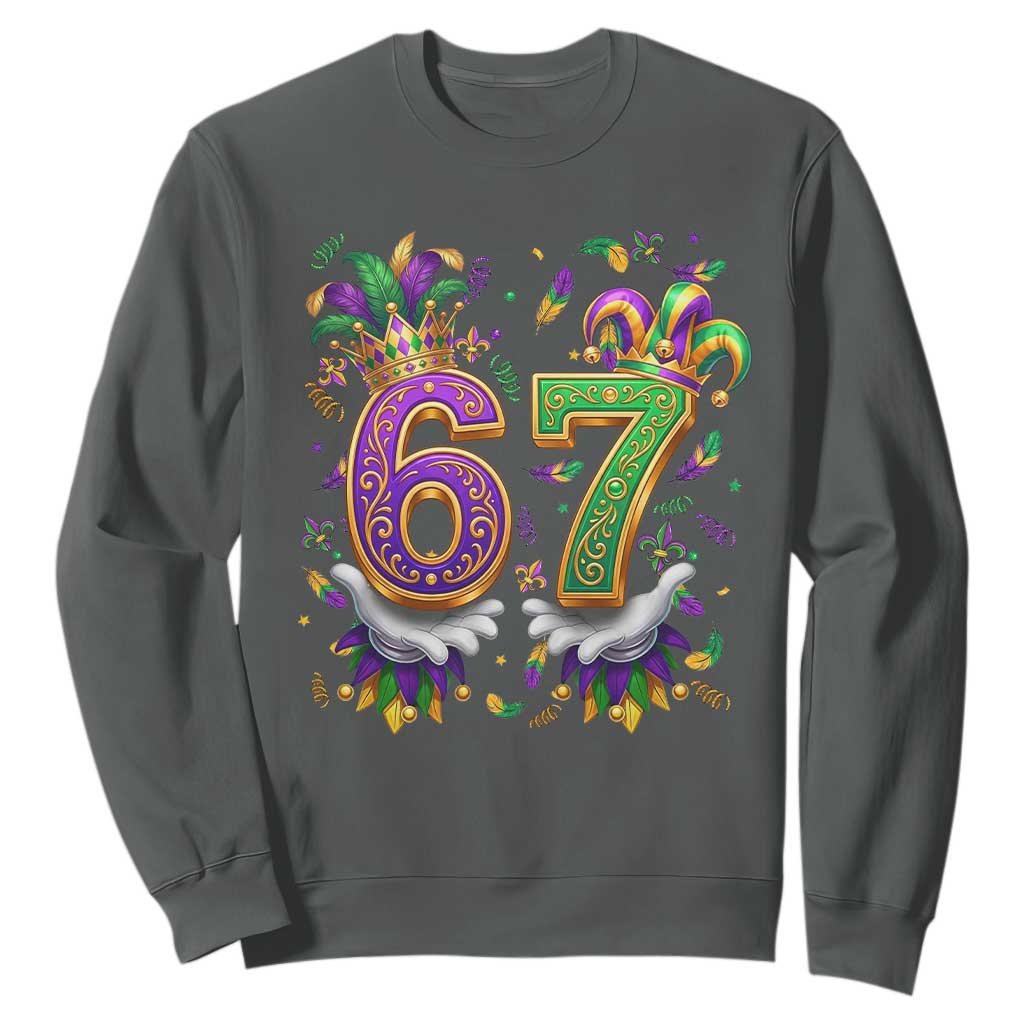 Funny 67 Mardi Gras Sweatshirt Six Seven Meme Carnival Hand Gesture TS11 Dark Heather Print Your Wear