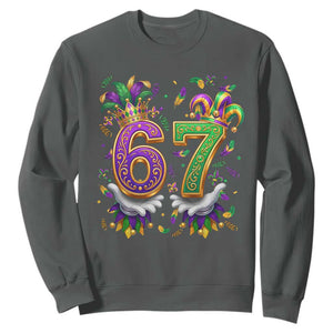 Funny 67 Mardi Gras Sweatshirt Six Seven Meme Carnival Hand Gesture TS11 Dark Heather Print Your Wear