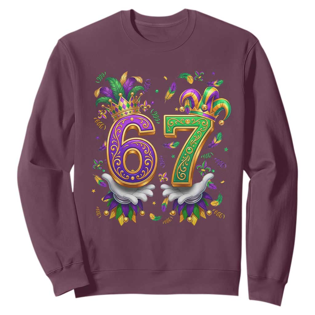 Funny 67 Mardi Gras Sweatshirt Six Seven Meme Carnival Hand Gesture TS11 Maroon Print Your Wear