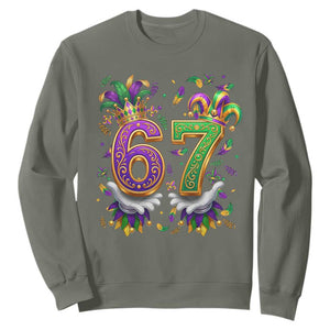 Funny 67 Mardi Gras Sweatshirt Six Seven Meme Carnival Hand Gesture TS11 Military Green Print Your Wear