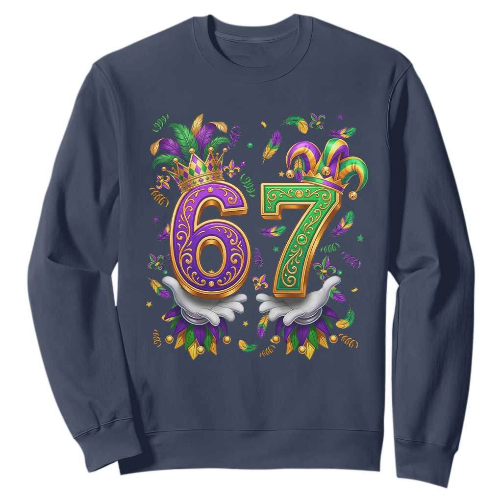 Funny 67 Mardi Gras Sweatshirt Six Seven Meme Carnival Hand Gesture TS11 Navy Print Your Wear