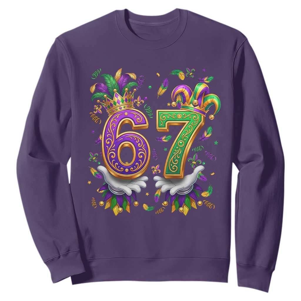 Funny 67 Mardi Gras Sweatshirt Six Seven Meme Carnival Hand Gesture TS11 Purple Print Your Wear