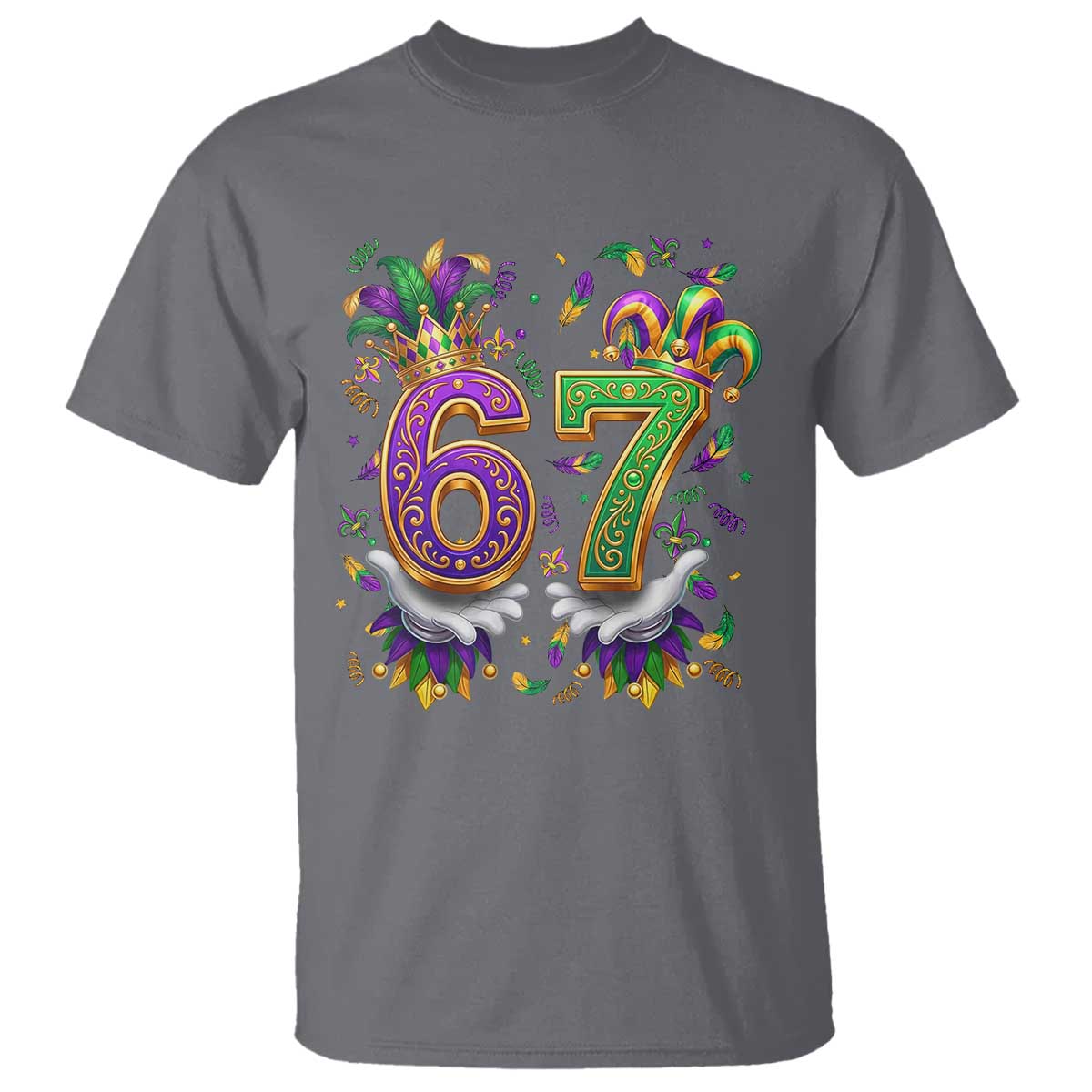 Funny 67 Mardi Gras T Shirt Six Seven Meme Carnival Hand Gesture TS11 Charcoal Print Your Wear